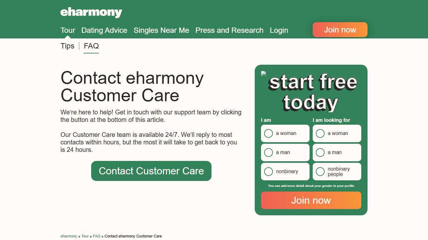 How can I contact the eharmony Customer Care Team?