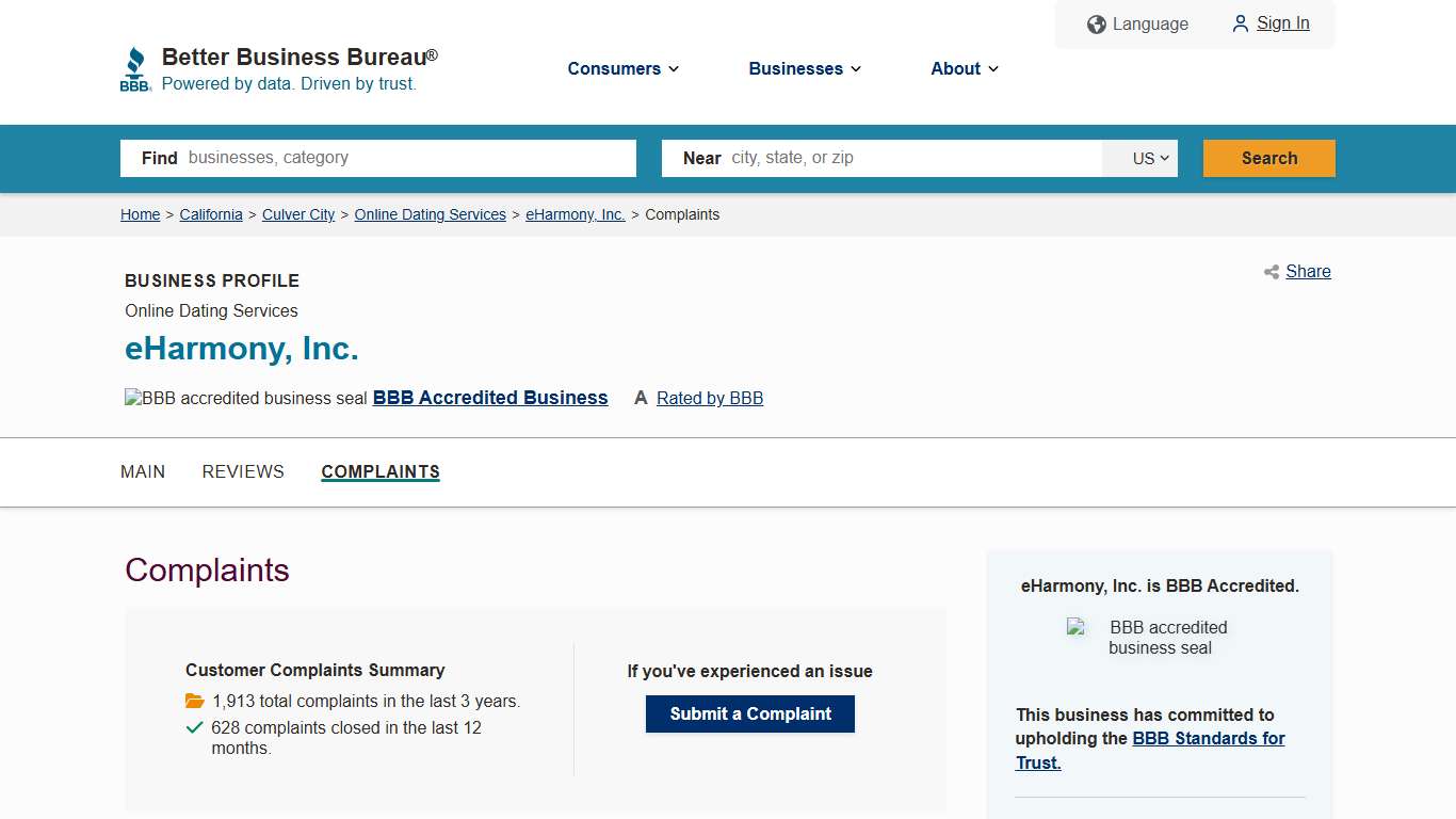 eHarmony, Inc. BBB Complaints Better Business Bureau