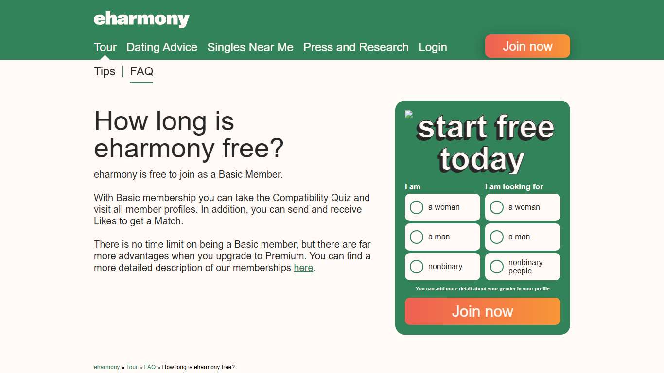How long is eharmony free?